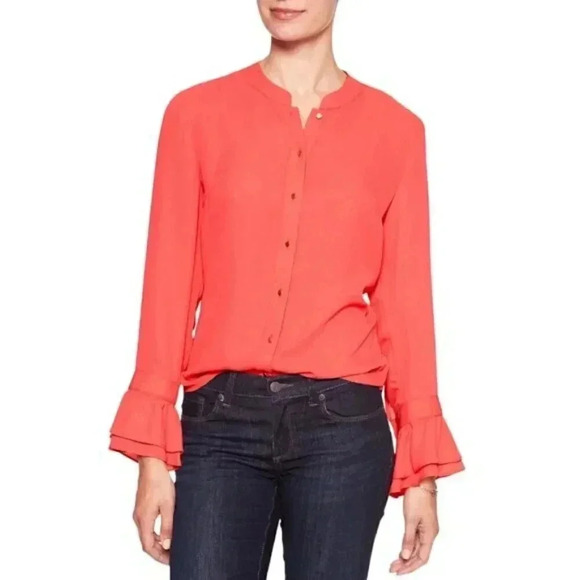 Banana Republic Factory  Ruffle Sleeve Blouse Shirt Gold Buttons Small Petite - Picture 1 of 11